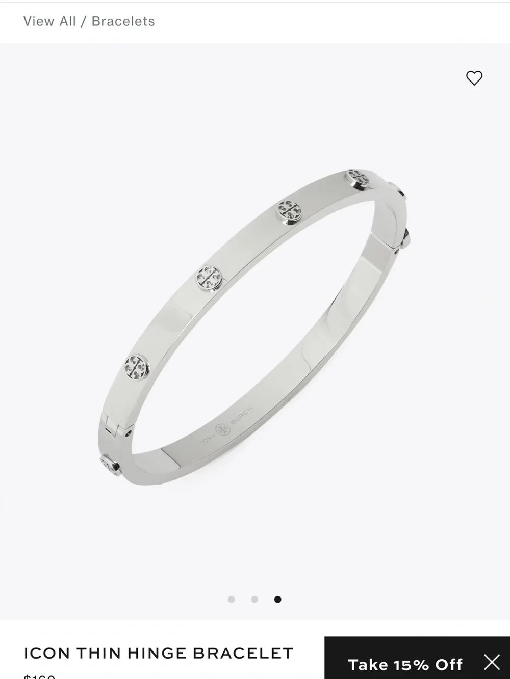 Tory Burch Polished Silver Logo Stud Thin Hinge Bracelet